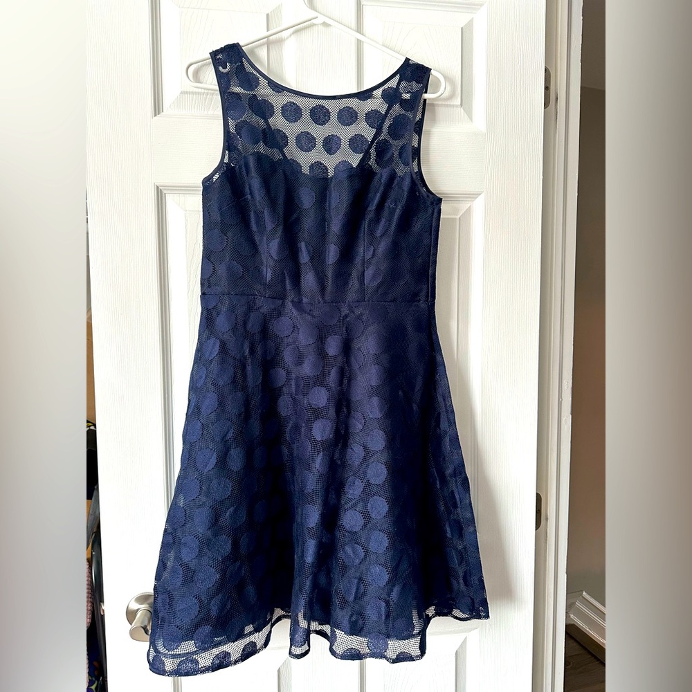 Betsey Johnson Navy Blue Polka Dot A-Line Dress Illusion Neckline Sz 8